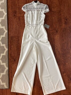 Love By Design Cream Crochet-Bodice Wide-Leg Jumpsuit XS